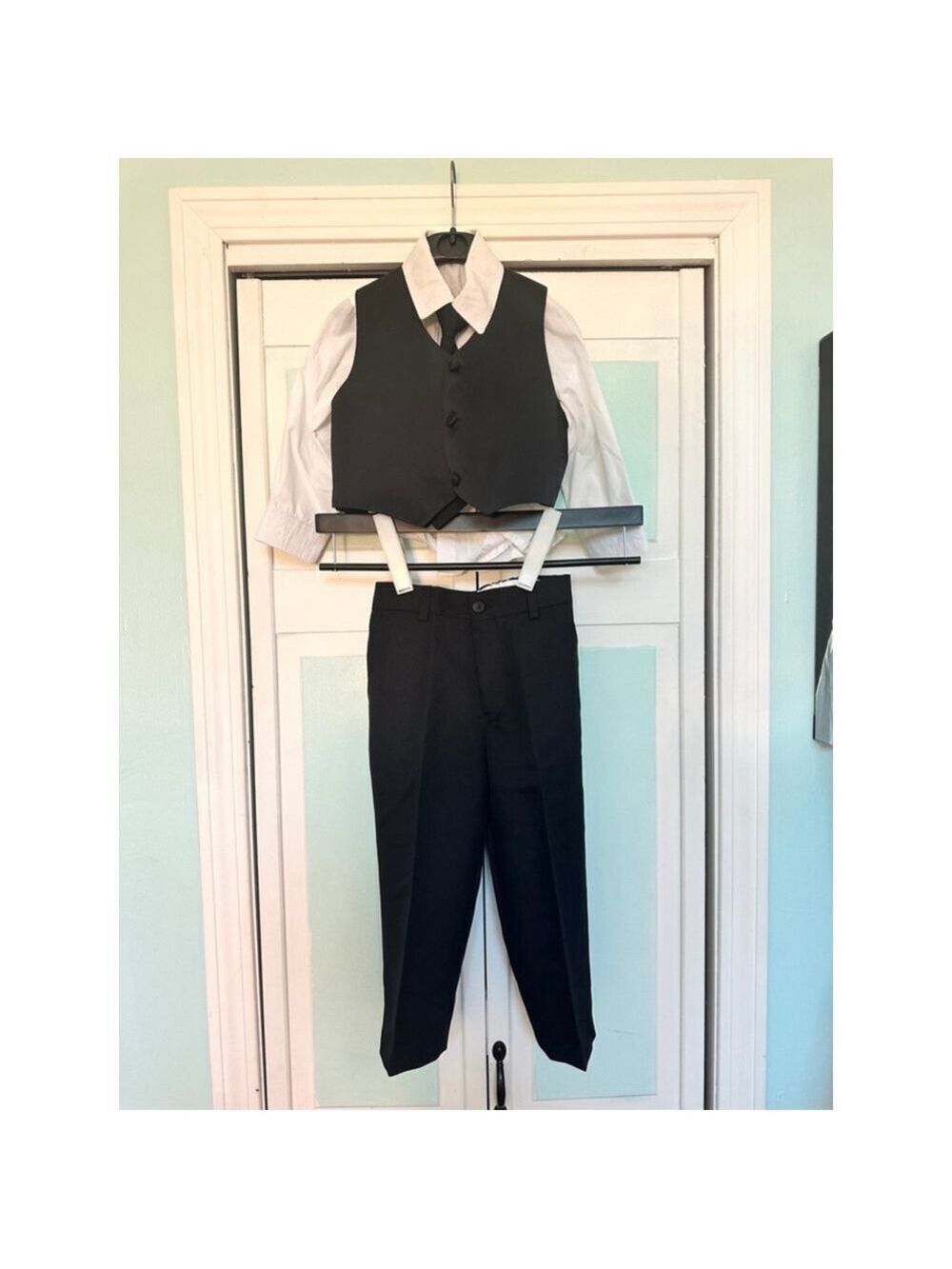 Suit Black Toddler Tuxedo wedding ring bearer Kids 4 Vest Shirt Pant Tie